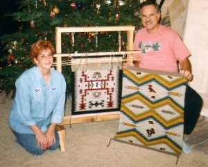 Marilyn Greaves and Mel Silva with some of their weaving