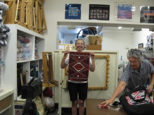Sharon Granda displays a finished piece at a Telerana Study Group meeing last year.  